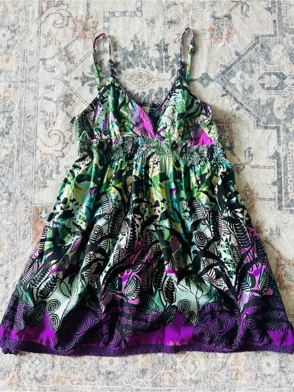 Y2K Floral Spaghetti-Strap Dress in Green & Purple